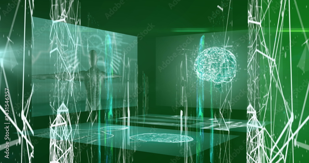 Poster image of network of connections over data processing on green background