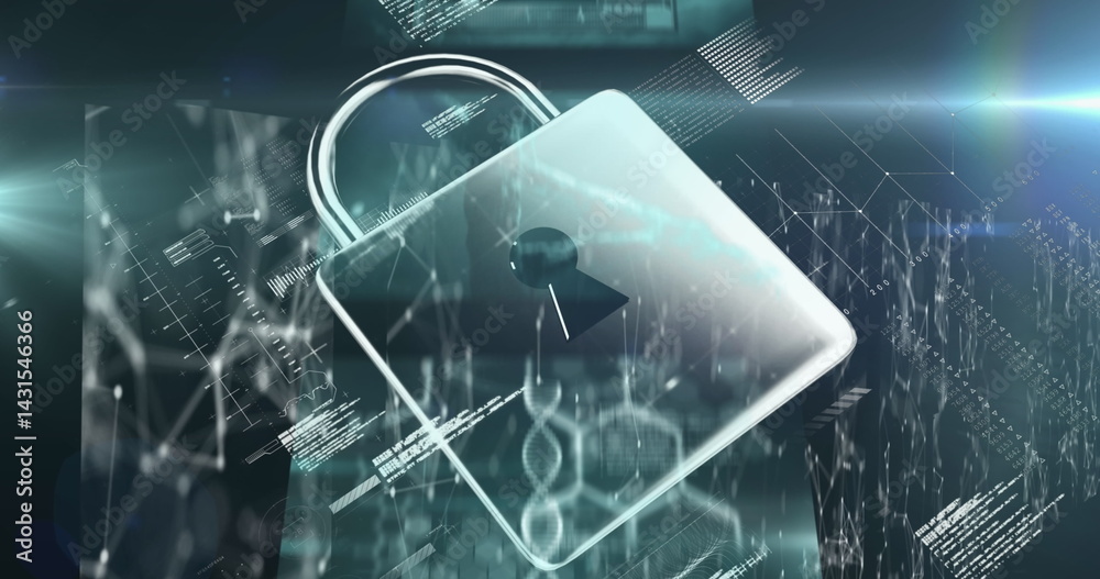 Poster image of padlock over data processing on black background
