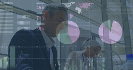 Image of data processing over diverse business people in office