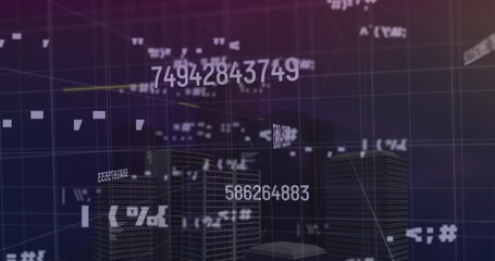 Image of data processing and city on blue background