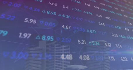 Image of data processing and city on blue background