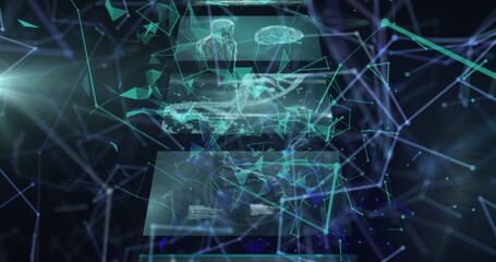 Naklejka premium Image of data processing over network of connections on black background