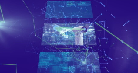 Image of network of connections over data processing on black background