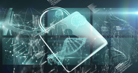 Image of padlock icon over data processing on black background