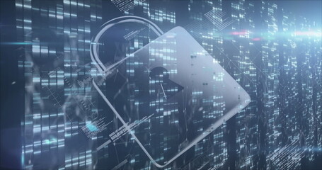 Image of padlock icon over data processing on black background