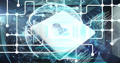 Image of network of connections over padlock icon and data processing on black background