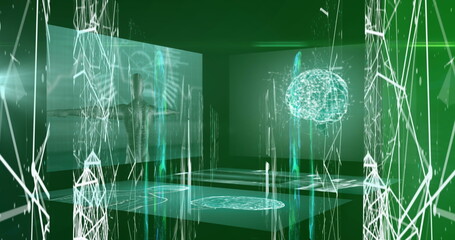 Image of network of connections over data processing on green background
