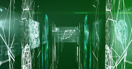 Image of network of connections over data processing on green background