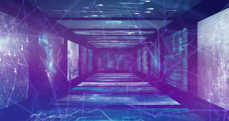 Image of network of connections over data processing on blue background