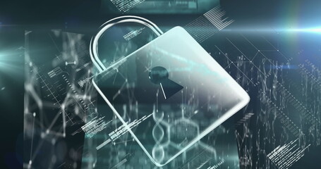 Image of padlock over data processing on black background