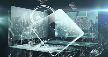Image of padlock icon over data processing on black background