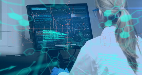 Image of data processing over caucasian female scientist