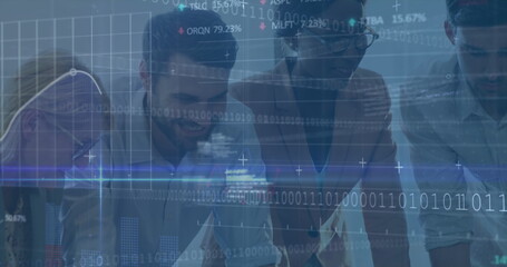 Image of financial data processing and stock market over diverse business people in office