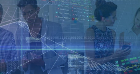 Image of financial data processing and stock market over diverse business people in office