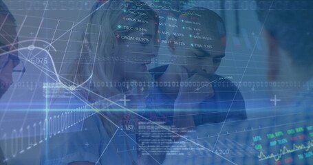 Image of financial data processing and stock market over diverse business people in office