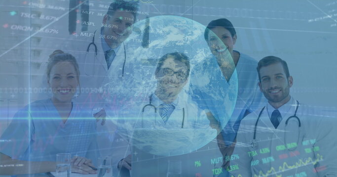 Image of data processing and globe over diverse doctors