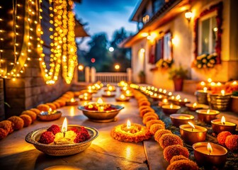Naklejka premium Diwali Festival of Lights: Long Exposure of Homes Decorated with Marigold Garlands and Diyas