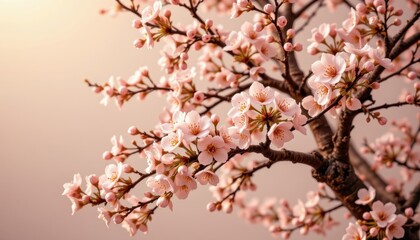 Obraz premium A golden cherry blossom tree with delicate pink petals, set against a soft pastel background.