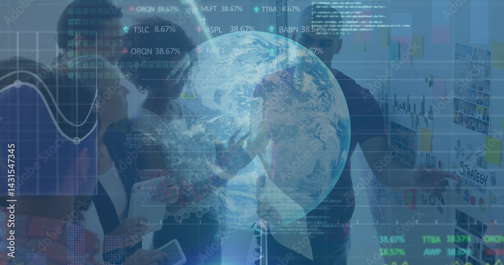 Poster image of binary coding, data processing and globe over diverse business people