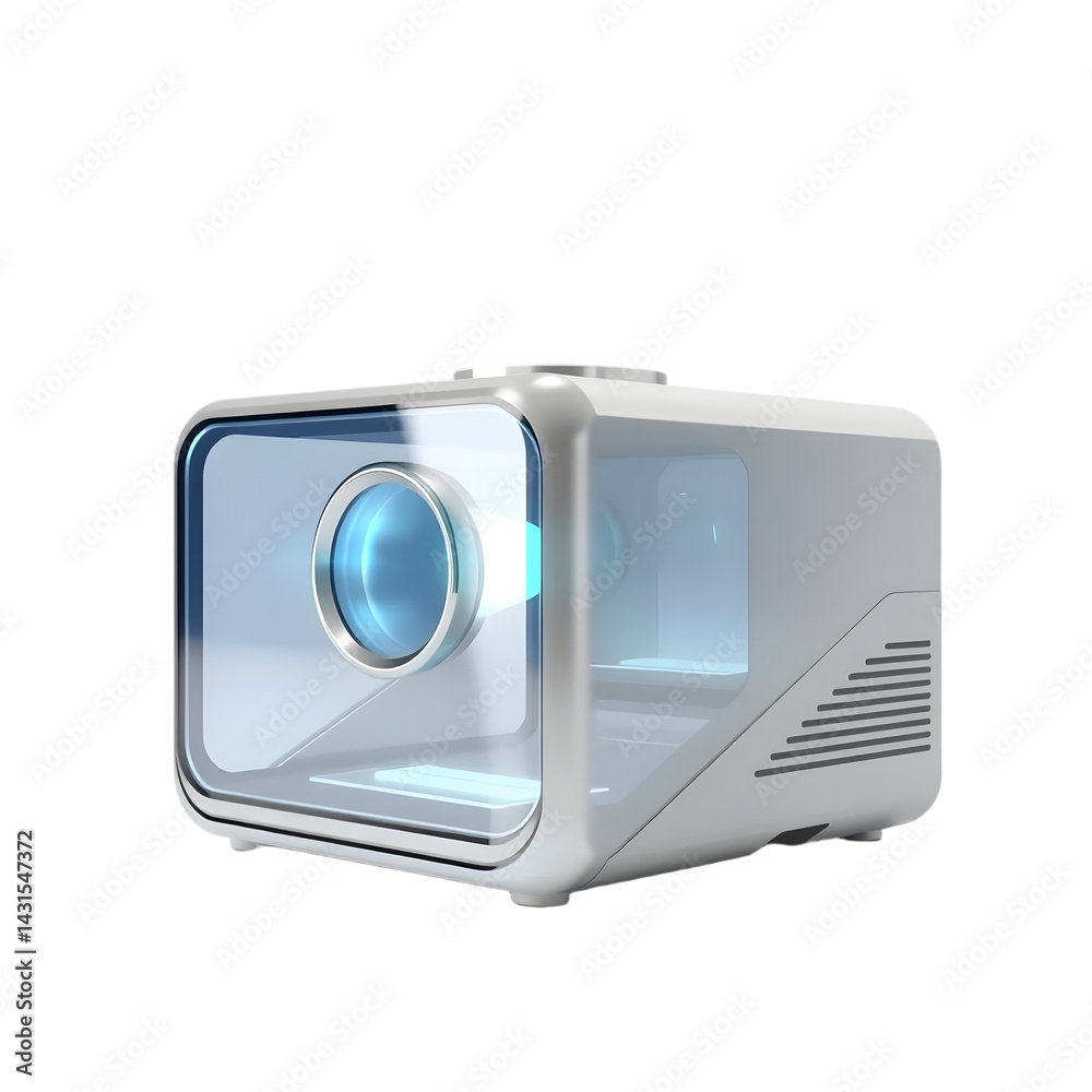 Fototapete futuristic hologram projector 3d render, visualization of technology, innovation concept on plain ba