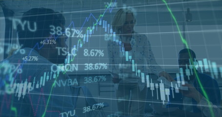 Image of financial data processing over businesses people