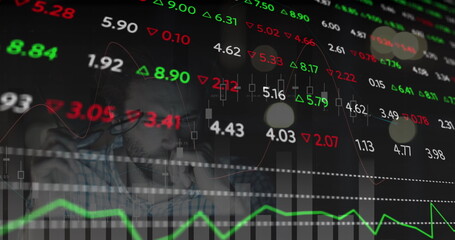 Image of financial data processing and stock market over caucasian man