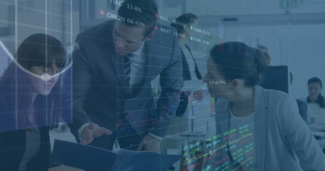 Image of financial data processing over businesses people