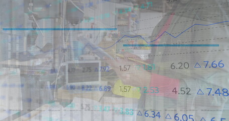 Image of stock market over caucasian woman