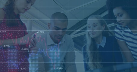 Image of financial data processing over businesses people