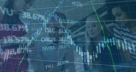 Image of statistics and data processing over diverse business people