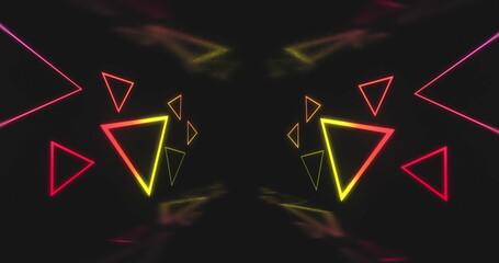 Image of multicoloured neon light triangles flickering on black background