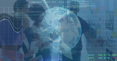 Image of binary coding, data processing and globe over diverse business people