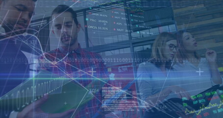 Image of financial data processing over businesses people