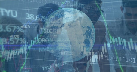 Image of financial data processing and globe over diverse business people