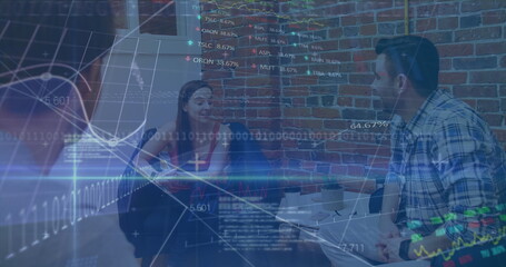 Image of financial data processing and stock market over diverse business people