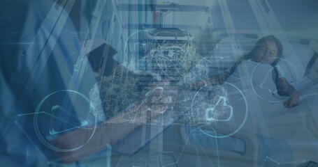 Image of network of connections and cloud icon over diverse doctor and patient