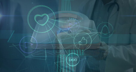Fototapeta premium Image of network of connections with icons over diverse doctors