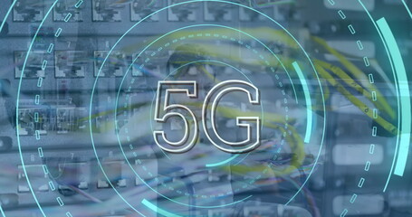 Image of 5g text and scope scanning over server room