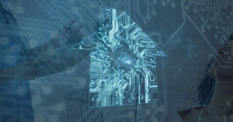 Image of house with computer circuit board over diverse doctor and patient