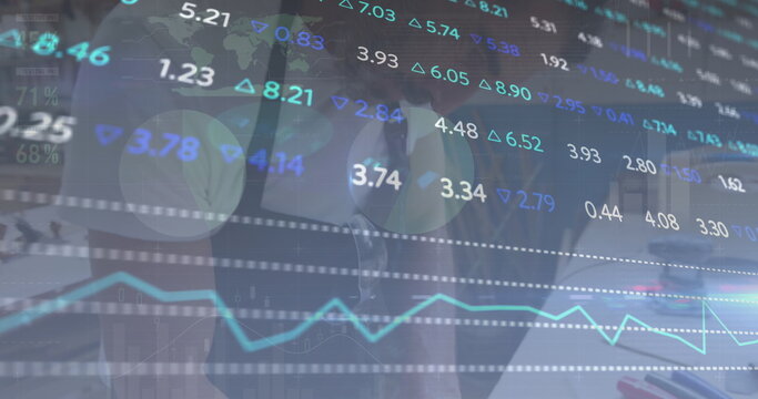 Image of stock market over diverse people