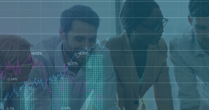 Image of financial data processing over diverse business people - Powered by Adobe