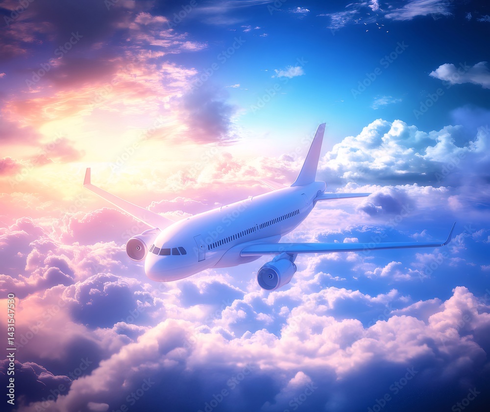 Poster 青空に浮かぶ白い旅客機の鮮やかな航空写真 太陽の光に照らされた雲の上の飛行機の様子