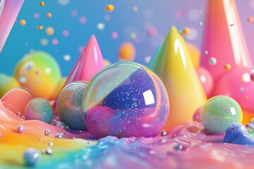 Colorful abstract shapes in a vibrant liquid landscape.