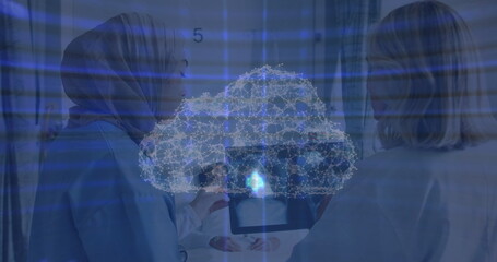 Image of data processing and cloud over diverse doctors
