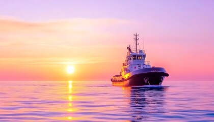 Obraz premium A tugboat sails on the calm ocean waters with a vibrant sunset in the background