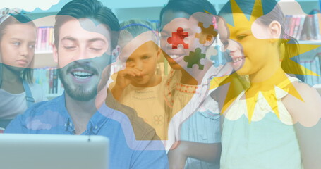 Image of puzzle pieces and clouds over diverse schoolchildren and teacher using tablet