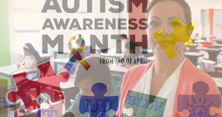 Image of autism awareness month text over diverse schoolchildren and teacher using tablet