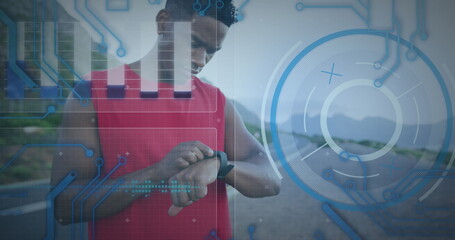 Image of data processing over african american male runner with smartwatch