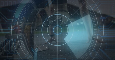 Image of data processing over disabled caucasian sportsman