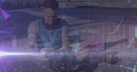 Image of data processing over disabled caucasian sportsman